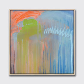 A blue, orange and green abstract print framed in a white oak floater frame by Teodora Guererra hanging on a white wall.