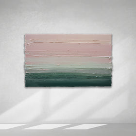 A light Coral, light pink, celadon and hunter green thickly textured abstract painting by Teodora Guererra hanging on a white wall.