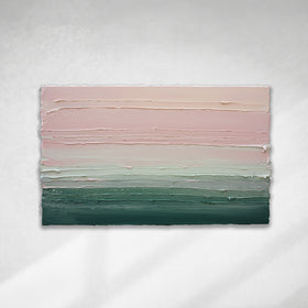 A light Coral, light pink, celadon and hunter green thickly textured abstract painting by Teodora Guererra hanging on a white wall.