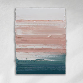 A peach, coral, white and teal with lavender thick textured painting on a white wall in natural light by Teodora Guererra.