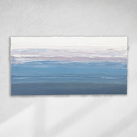 A blue, light pink, coral and white thickly textured abstract painting hanging on a white wall in natural light by Teodora Guererra.