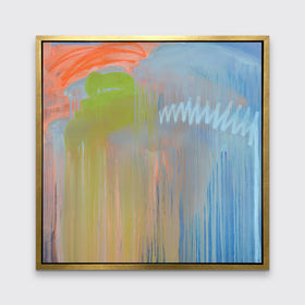 A blue, orange and green abstract print in a gold floater frame hangs on a white wall.