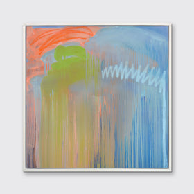 A blue, orange and green abstract print in a white floater frame hangs on a white wall.