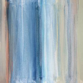 Blue, white, and green paint is streaked across a tan canvas. Wired and ready to hang.