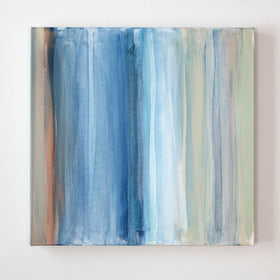 A blue, white, green and tan streaked painting hangs on a wall. Wired and ready to hang.