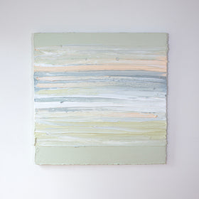 A very thick textured painting in the color palette of light green, peach, grey and white.