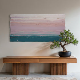 Modern interior with a wooden bench, bonsai tree, and an original abstract painting by Teo Guererra hangs on the wall.