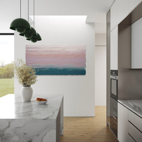 Modern kitchen interior with marble island, original abstract painting by Teo Guererra on wall, and stainless steel appliances.