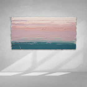 A peach, orange, coral, pale pink and teal thickly textured abstract painting hangs on a white wall with sunlight cascading over it.