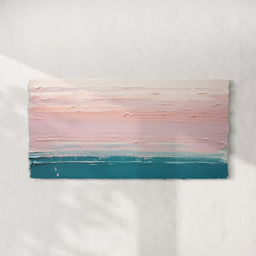 A peach, orange, coral, pale pink and teal thickly textured abstract painting hangs on a white wall.
