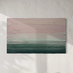 A light Coral, light pink, celadon and hunter green thickly textured abstract painting by Teodora Guererra hanging on a white wall.