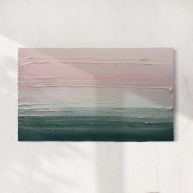 A light Coral, light pink, celadon and hunter green thickly textured abstract painting by Teodora Guererra hanging on a white wall.