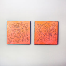 Two square abstract text based paintings with orange and peach gradients, carved into the canvas revealing teal scribbled line art, displayed side-by-side on a light gray wall.