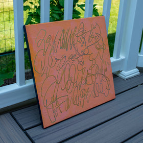 An abstract text based painting with a peach-orange background and teal carved scribbled line art, leaning against a white railing on a gray deck with green grass in the background.