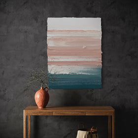 An original abstract painting by Teo Guererra on a dark wall above a wooden table with decorative items.