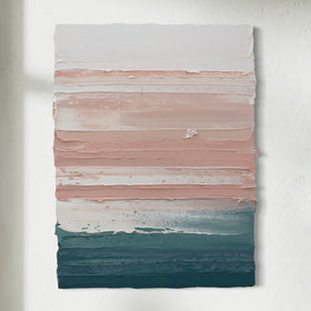 Abstract painting with horizontal stripes of pink, white, and blue on a white background