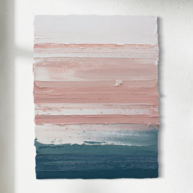 Abstract painting with horizontal stripes of pink, white, and blue on a white background