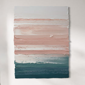 Abstract art piece with horizontal brush strokes in pink, blue, and white on a light gray background