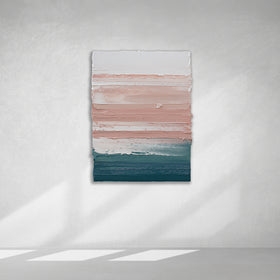 A peach, coral, white and teal with lavender thick textured painting on a white wall in natural light by Teodora Guererra.