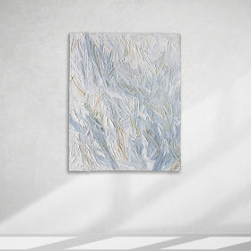 An abstract painting with thickly textured blueish, orangish and greenish beige brushstrokes is hung on a gallery wall.