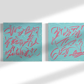Two square abstract paintings with textured turquoise backgrounds and pink scribbled line patterns, displayed side by side on a white wall with soft diagonal shadows.