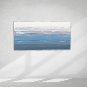 A blue, light pink, coral and white thickly textured abstract painting hanging on a white wall in natural light by Teodora Guererra.