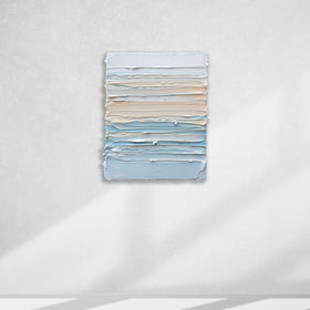 A white, orange sherbet, and teal blue thick textured painting on a white wall in natural light by Teodora Guererra.
