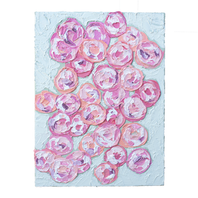 A close up of a very textured abstract painting with celadon background and circle type abstract flowers in pink, peach, plum and white hangs on a white wall.