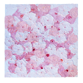 A close up of a very textured abstract painting with white background and circle type abstract flowers in pink and white hangs on a white wall.