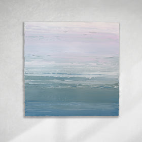 A teal blue, teal green, lavender and pale lavender textured abstract painting by Teodora Guererra hangs on a white wall.