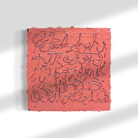A square abstract painting featuring textured coral-pink paint with dark navy line drawings, displayed against a white background with soft diagonal shadows.