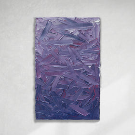 A tonal purple and pink thickly textured abstract painting by Teodora Guererra hangs on a white wall.