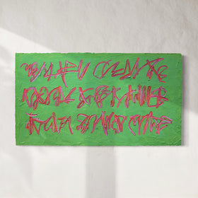 An original oil painting on canvas with a bright green background featuring abstract pink graffiti-style lettering, mounted on a light gray wall with soft shadows.