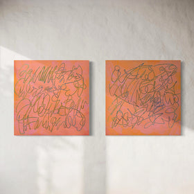 Two abstract square paintings with peach, pink, and orange backgrounds and teal scribbled line work, displayed side by side on a textured off-white wall.