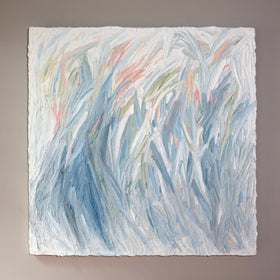 Original abstract painting by Teo Guererra hanging on a grey wall.