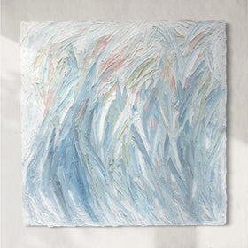 Abstract art piece with wavy brush strokes in blue, green, and beige on a light gray background.