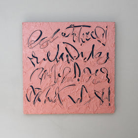 A coral/pink text based painting featuring navy abstract calligraphic lettering, displayed against a neutral light gray wall.