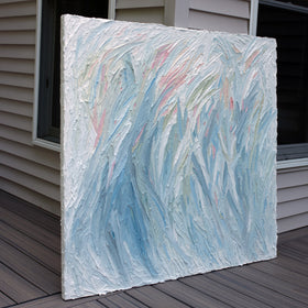 Original abstract painting by Teo Guererra on a wooden deck at her studio.
