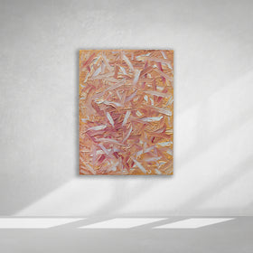 A orange, pink, coral and white thickly textured abstract painting hangs on a white wall.