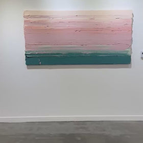 A video of a peach, orange, coral, pale pink and teal thickly textured abstract painting hangs on a white wall.