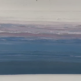 A video of a blue, light pink, coral and white thickly textured abstract painting hanging on a white wall by Teodora Guererra.
