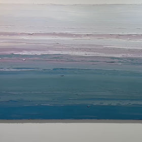 A video of a white, lavender, teal and blue abstract heavily textured painting like sculpture by Teodora Guererra hanging on a white wall.
