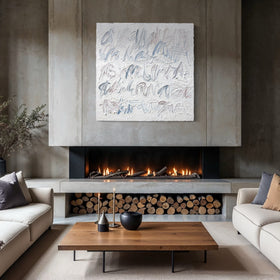 A modern living room with two cream-colored sofas facing a black wood-burning fireplace. A rectangular abstract canvas text based painting with blue-gray calligraphy hangs on the concrete wall above the fireplace.
