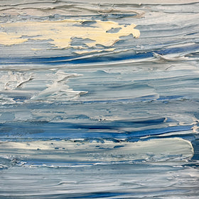 A detail image of the thick texture from a painting  in blue, beige, lavender and light yellow by Teodora Guererra.